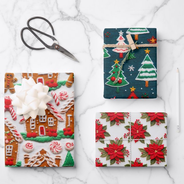 Gingerbread House Needlework Christmas Holidays  Wrapping Paper Sheet (Front)