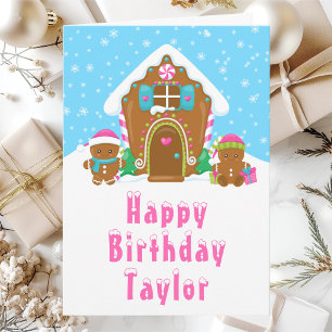 Gingerbread House Pink and Blue Happy Birthday Card