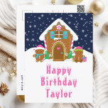 Gingerbread House Pink and Navy Happy Birthday Postcard<br><div class="desc">This cute and festive birthday postcard can be personalized with a name or title such as daughter, granddaughter, niece, friend etc. The design features a cute gingerbread house decorated with pink and green Christmas candy. Beside it are adorable gingerbread men with gifts, dressed in Santa hats and a scarf. In...</div>