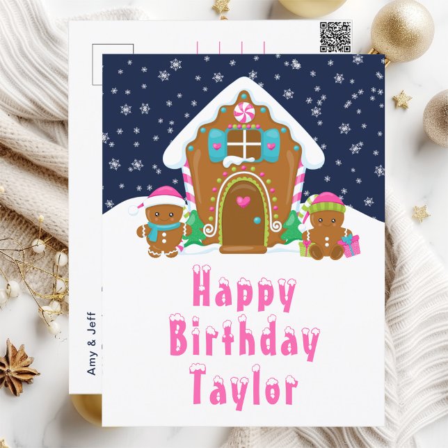 Gingerbread House Pink and Navy Happy Birthday Postcard (Creator Uploaded)
