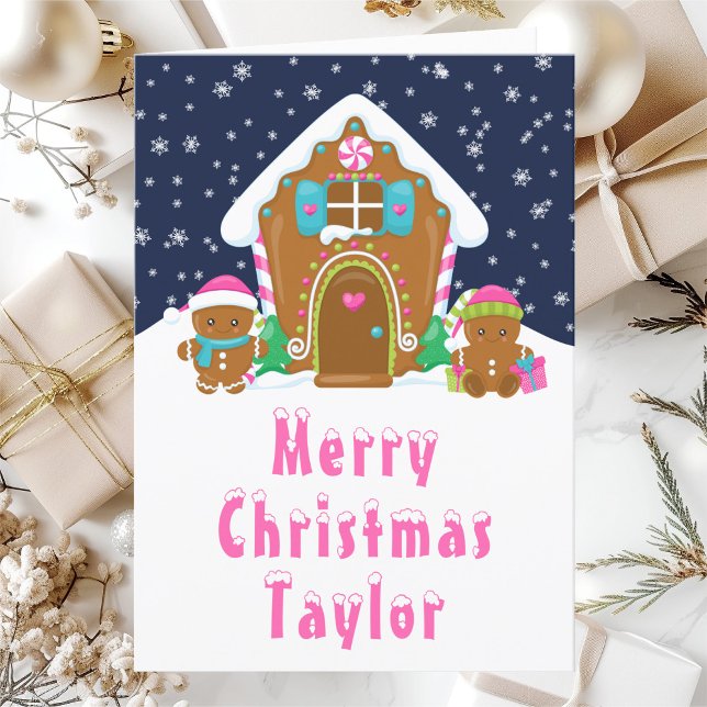 Gingerbread House Pink and Navy Merry Christmas Holiday Card (Creator Uploaded)