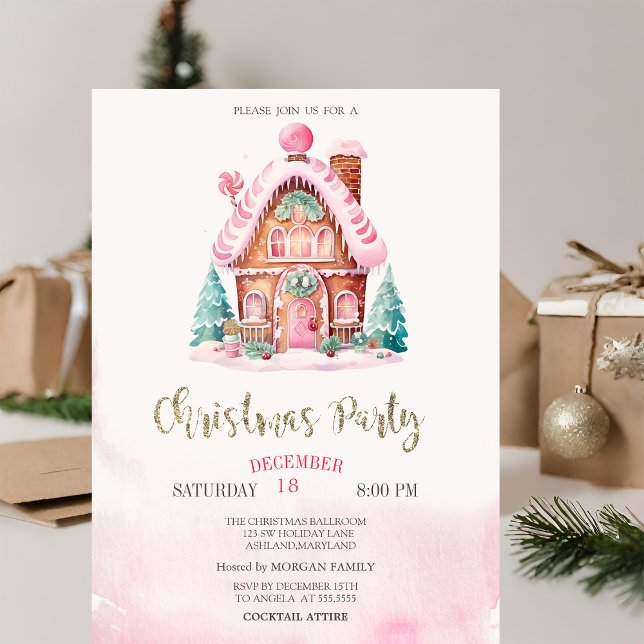 Gingerbread House Pink Christmas Invitation (Creator Uploaded)