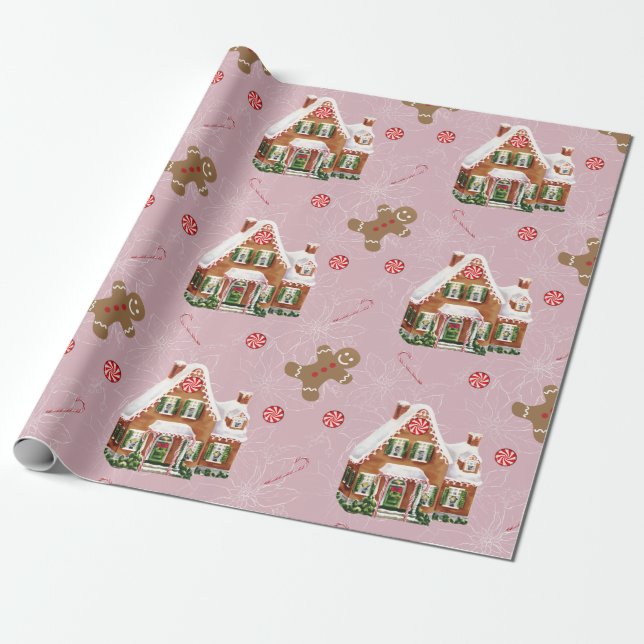 Gingerbread House Pink Christmas Wrapping Paper (Unrolled)