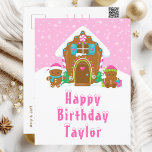 Gingerbread House Pink Happy Birthday Postcard<br><div class="desc">This cute and festive birthday postcard can be personalized with a name or title such as daughter, granddaughter, niece, friend etc. The design features a cute gingerbread house decorated with pink and green Christmas candy. Beside it are adorable gingerbread men with gifts, dressed in Santa hats and a scarf. In...</div>