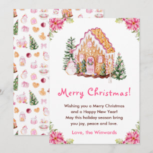 Gingerbread House Pink Merry Christmas Holiday Card