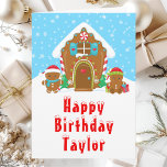 Gingerbread House Red and Blue Happy Birthday Card<br><div class="desc">This cute and festive birthday card can be personalized with a name or title such as son, grandson, nephew, friend etc. The design features a cute gingerbread house decorated with red and green Christmas candy. Beside it are adorable gingerbread men with gifts, dressed in Santa hats and a scarf. In...</div>