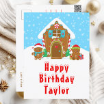 Gingerbread House Red and Blue Happy Birthday Postcard<br><div class="desc">This cute and festive birthday postcard can be personalized with a name or title such as son, grandson, nephew, friend etc. The design features a cute gingerbread house decorated with red and green Christmas candy. Beside it are adorable gingerbread men with gifts, dressed in Santa hats and a scarf. In...</div>