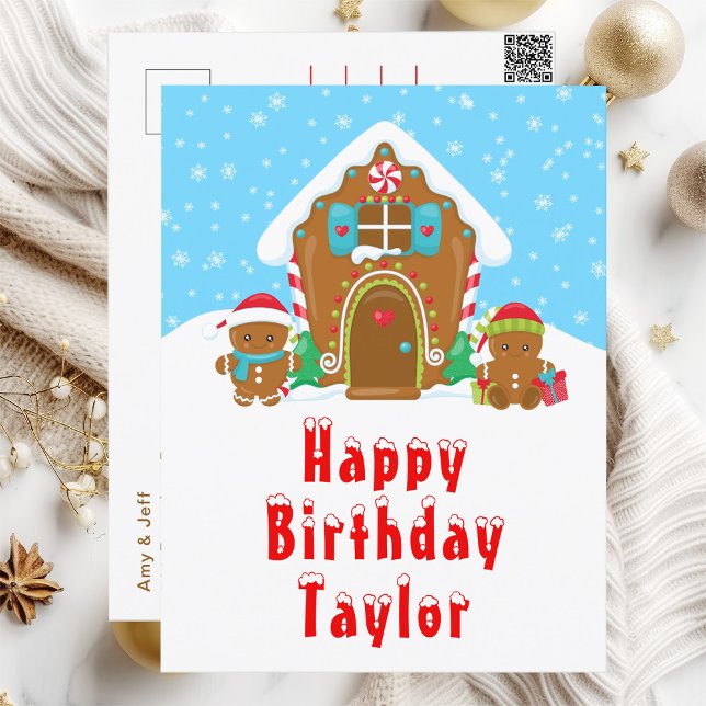 Gingerbread House Red and Blue Happy Birthday Postcard (Creator Uploaded)