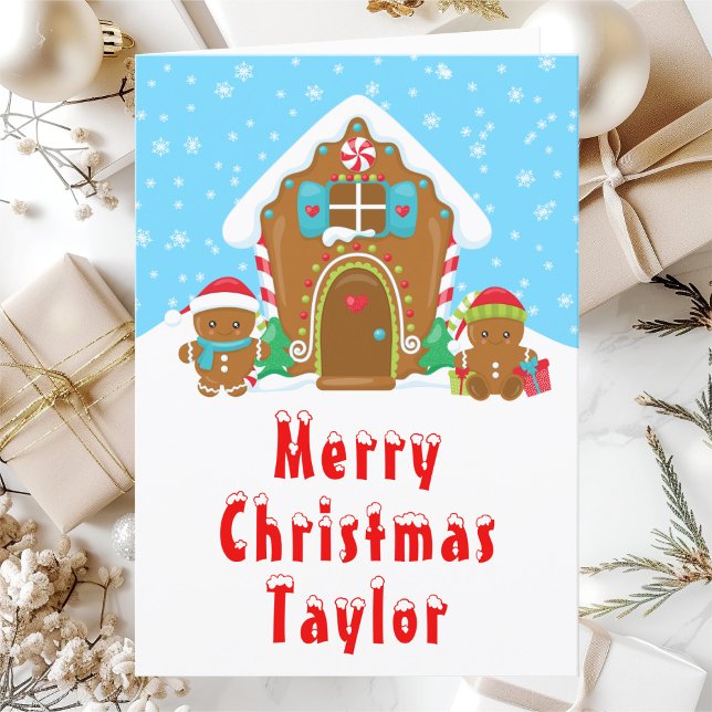 Gingerbread House Red and Blue Merry Christmas Holiday Card (Creator Uploaded)