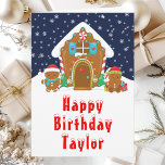 Gingerbread House Red and Navy Happy Birthday Card<br><div class="desc">This cute and festive birthday card can be personalized with a name or title such as son, grandson, nephew, friend etc. The design features a cute gingerbread house decorated with red and green Christmas candy. Beside it are adorable gingerbread men with gifts, dressed in Santa hats and a scarf. In...</div>