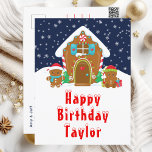 Gingerbread House Red and Navy Happy Birthday Postcard<br><div class="desc">This cute and festive birthday postcard can be personalized with a name or title such as son, grandson, nephew, friend etc. The design features a cute gingerbread house decorated with red and green Christmas candy. Beside it are adorable gingerbread men with gifts, dressed in Santa hats and a scarf. In...</div>