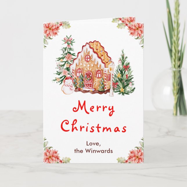 Gingerbread House Red Merry Christmas Holiday Card (Front)