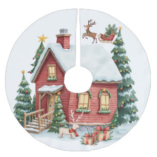 Gingerbread House Reindeer Fir Trees Brushed Polyester Tree Skirt