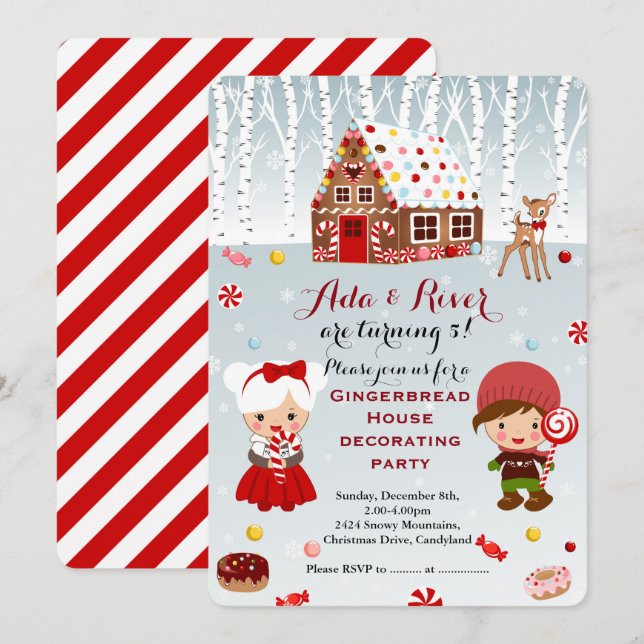 Gingerbread House twins Birthday Party Invitation (Front/Back)