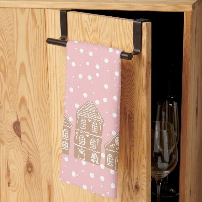 Gingerbread House Village Pink Kitchen Towel (Thirds Fold)