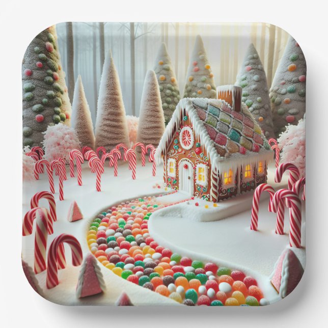 Gingerbread House With Candy Canes Paper Plate (Front)