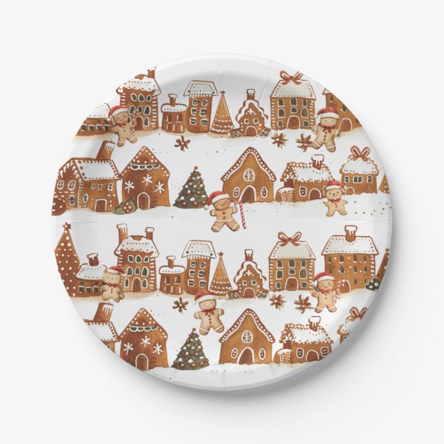 Gingerbread Houses Man Cookies Christmas Village Paper Plate (Front)