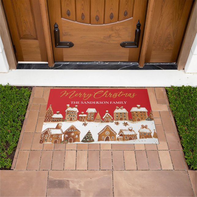 Gingerbread Houses Merry Christmas Greetings Red Doormat (Outdoor)