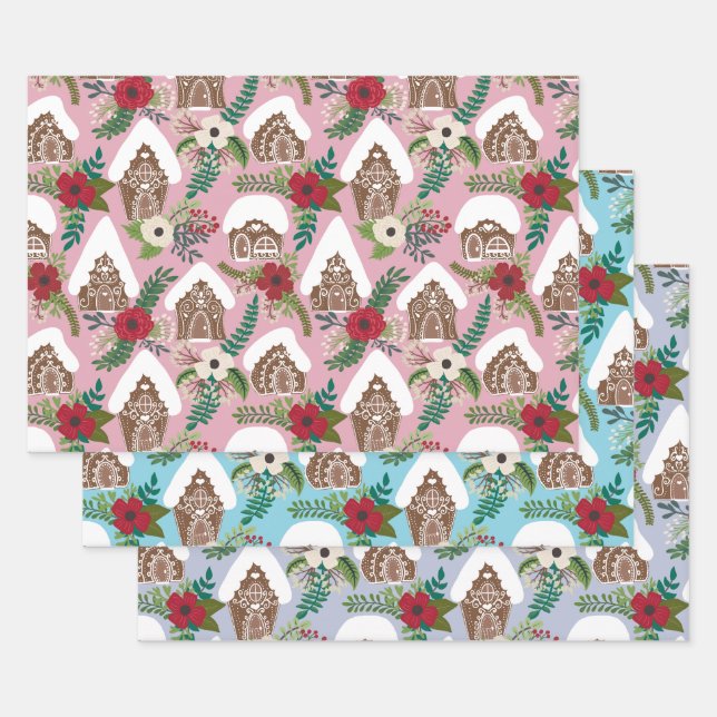 Gingerbread Houses with Christmas Florals Wrapping Paper Sheet (Set)