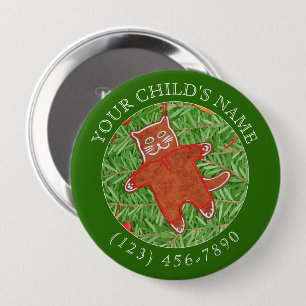 GINGERBREAD KITTY Child ID Button - Green
