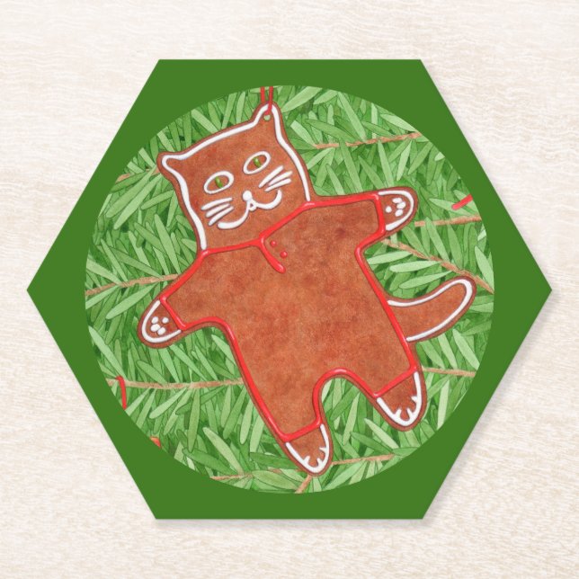 GINGERBREAD KITTY Hexagon Paper Coasters / Green (Front)