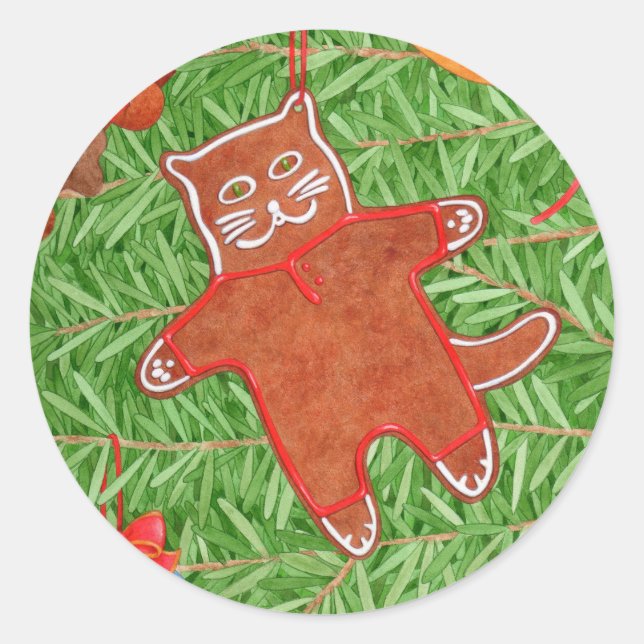 GINGERBREAD KITTY Large Round Stickers (Front)