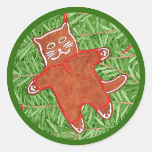 GINGERBREAD KITTY Large Round Stickers / Green