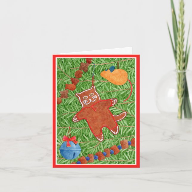 GINGERBREAD KITTY "Meowy Christmas" Notecard / Red (Front)