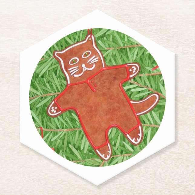 GINGERBREAD KITTY Pointy Hexagon Coasters / White (Front)