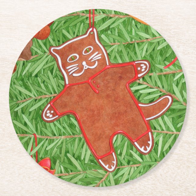 GINGERBREAD KITTY Round Paper Coasters  (Front)