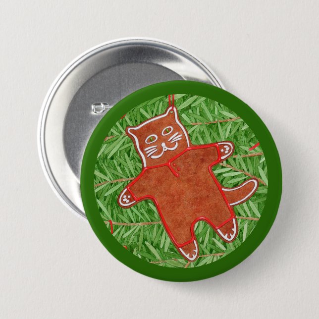 GINGERBREAD KITTY Round Pin Button / Green (Front & Back)