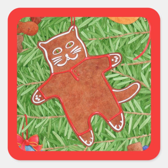 GINGERBREAD KITTY Small Square Stickers / Red (Front)