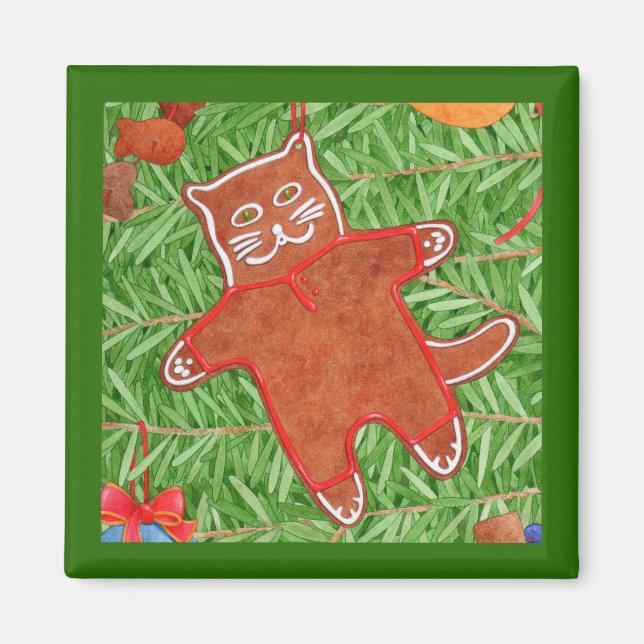 GINGERBREAD KITTY Square Magnet / Green (Front)