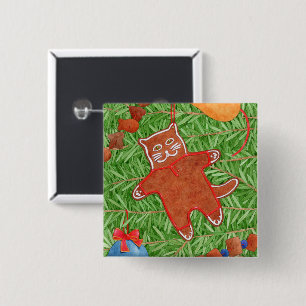 GINGERBREAD KITTY Square Pin Button 