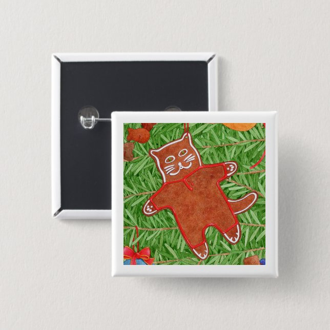 GINGERBREAD KITTY Square Pin Button / White (Front & Back)