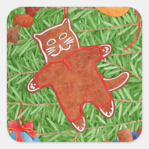 GINGERBREAD KITTY Stickers grand Carré