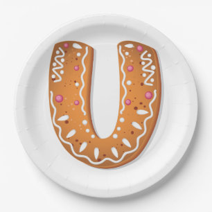 Gingerbread Letter U Monogram Holiday Cookie Paper Plate