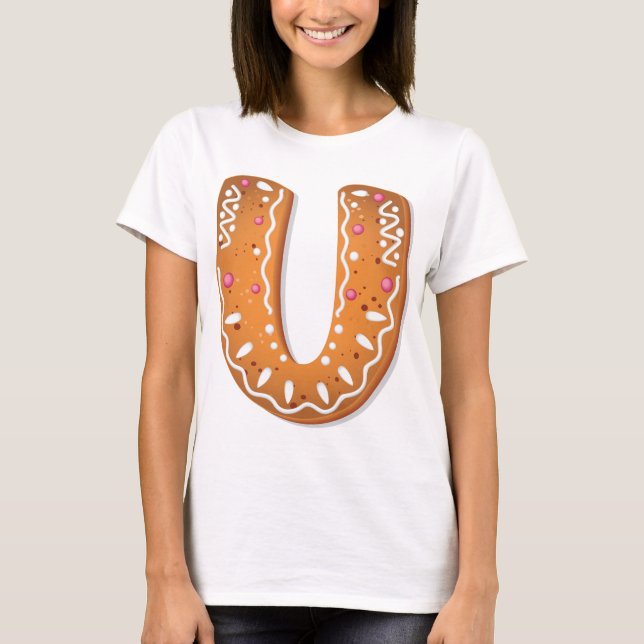 Gingerbread Letter U Monogram Holiday Cookie T-Shirt (Front)