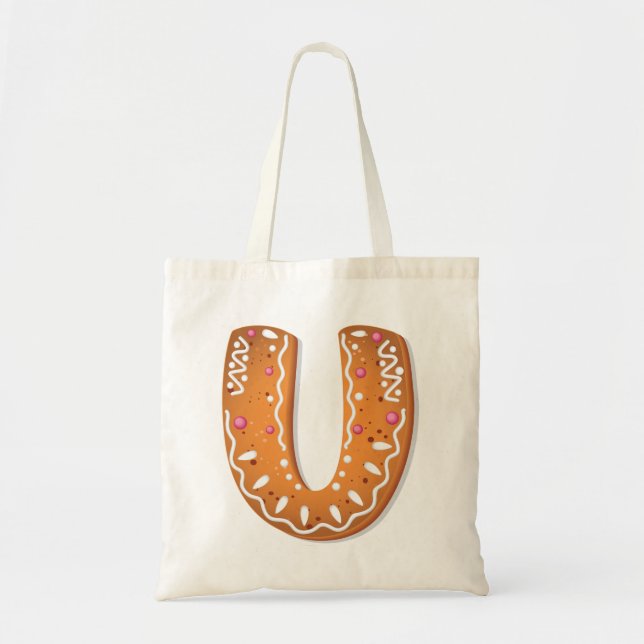 Gingerbread Letter U Monogram Holiday Cookie Tote Bag (Front)