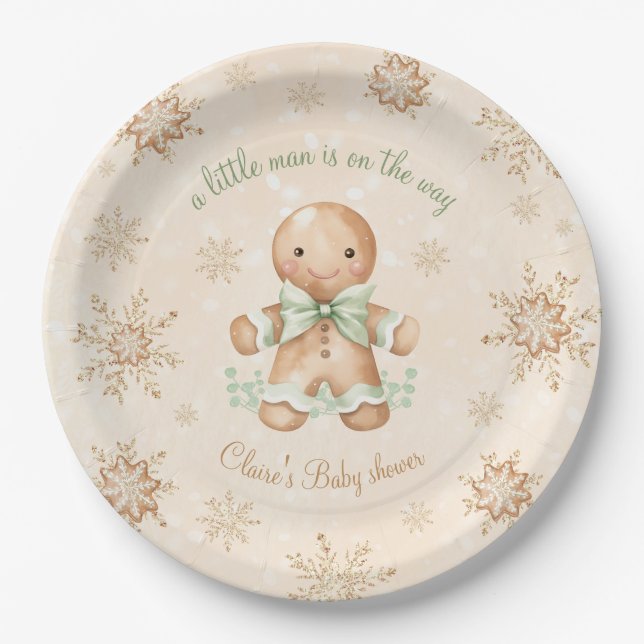 Gingerbread Little Man Green Christmas Baby Shower Paper Plate (Front)