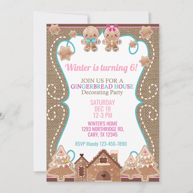 Gingerbread maison invitation fille de Noël. Invit (Devant)