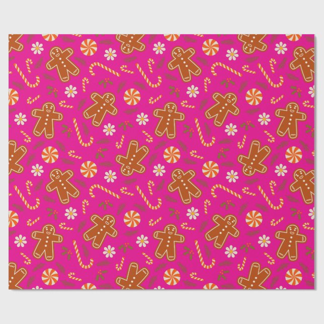 Gingerbread man and candy cane pattern wrapping paper (Flat)