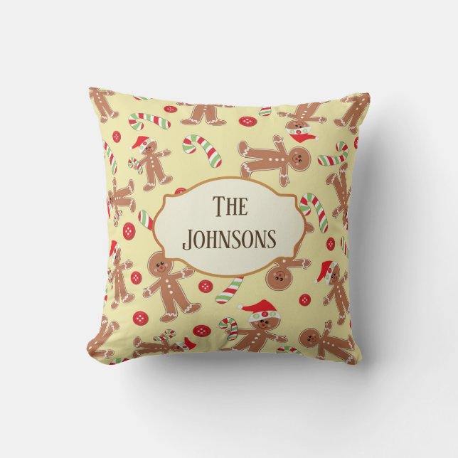 Gingerbread Man and Candy Canes Christmas Throw Pillow (Front)