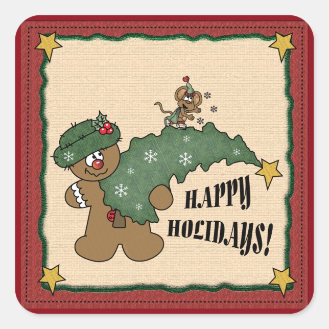 Gingerbread Man and Mouse Square Sticker (Front)