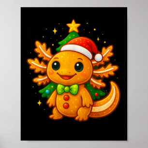 Gingerbread Man Axolotl Santa Hat Christmas Tree Poster