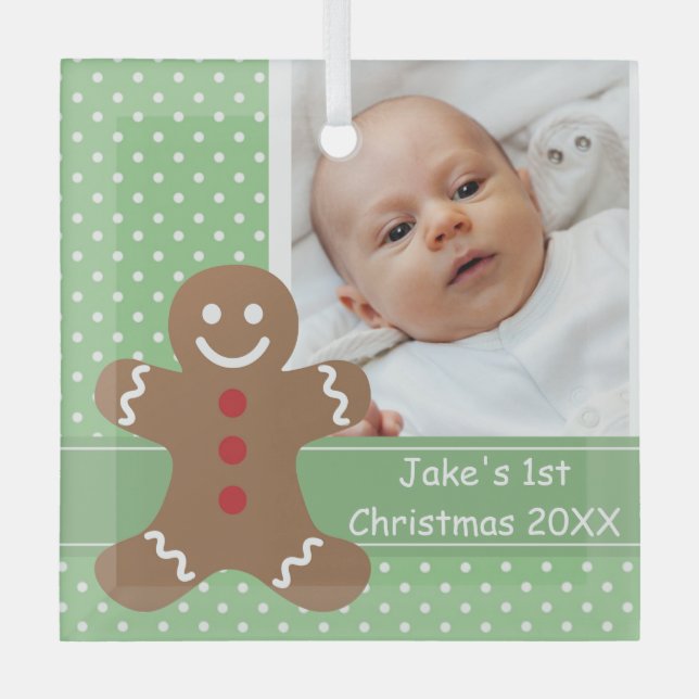 Gingerbread Man Baby's First Christmas Photo Glass Ornament (Front)