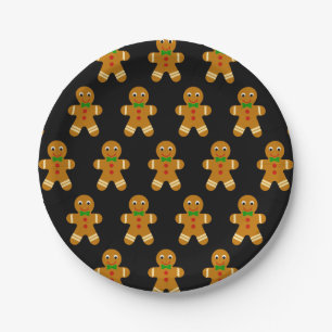 Gingerbread Man Black Background Winter Holiday Paper Plate