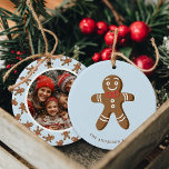 Gingerbread Man Blue Polka Dot Christmas Photo Ceramic Ornament<br><div class="desc">Celebrate the holidays with this adorable Gingerbread Man Blue Polka Dot Christmas Photo Ceramic Ornament. Featuring a cute gingerbread man design with a customizable photo on the back, this ornament is perfect for adding a touch of festive charm to your tree. Personalize it with your family name and favourite photo...</div>