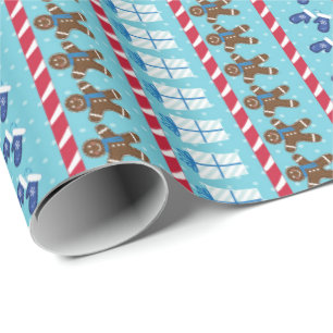 Gingerbread Man Blue Striped Christmas and Holiday Wrapping Paper
