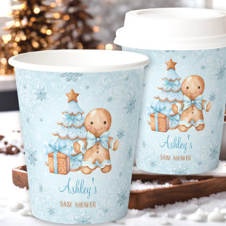 Gingerbread Man Boy Blue Christmas Baby Shower Paper Cups